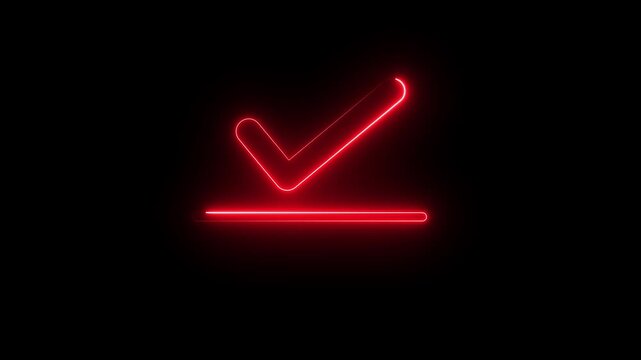 Red neon checkmark glowing icon on black background presenting choice and verification.