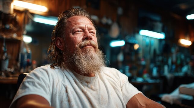 A rugged man with a long beard and hair gazes thoughtfully while sitting in a barbershop chair, evoking a sense of calm and introspection in a creative space.