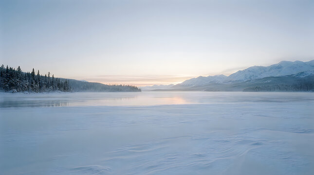 A serene winter landscape featuring a vast frozen lake surrounded by snow covered mountains and pine trees