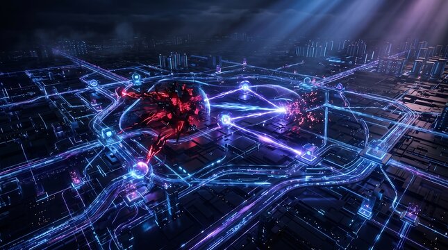Aerial view of a futuristic city grid with glowing blue data highways and red energy clusters representing traffic and information flow at night