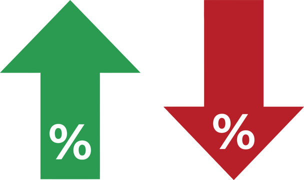 Green upward arrow with percentage symbol and red downward arrow with percentage symbol on white background