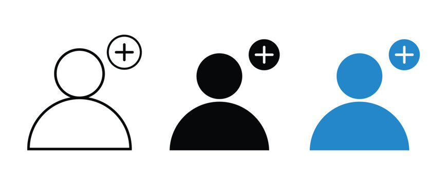 Set of add user icons, vector illustration of people profile with plus sign, user account symbol in outline, solid black and blue styles