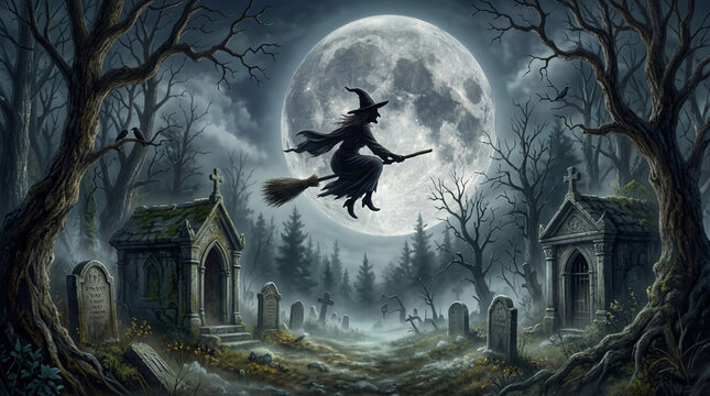 Witch flying on a broomstick across a full moon over a spooky graveyard with ancient tombstones and bare trees for halloween celebration concept
