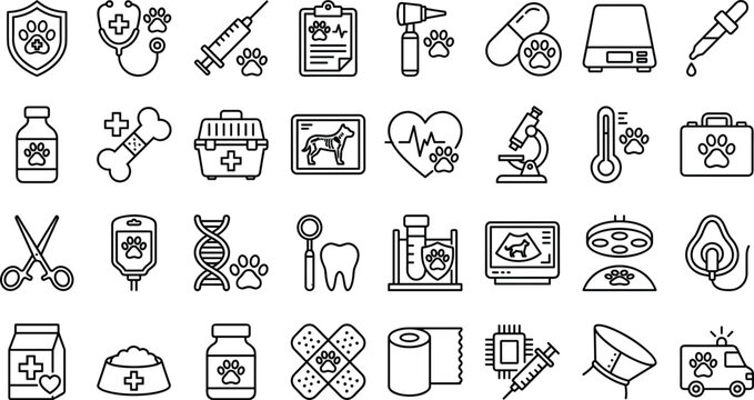 Veterinary medicine and pet healthcare line icon set for animal clinic veterinary hospital diagnostics treatment supplies and emergency care