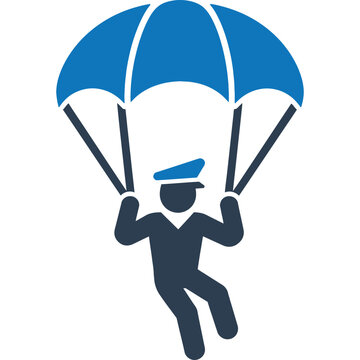 A paratrooper descending under a parachute icon