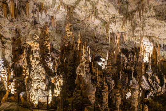 Panoramic view of spectacular limestone formations in Postojna Cave, Slovenia