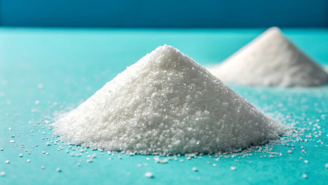 Two piles of white granulated sugar on a bright turquoise blue
