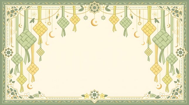Hanging ketupat woven coconut leaf frame with jasmine flowers and crescents, empty center