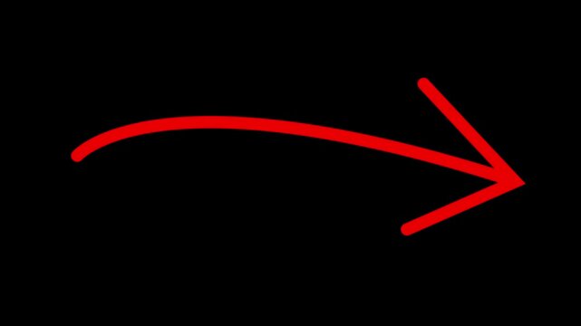 Hand-drawn red arrow animation, pointing right, curving movement, on a Alpha channel motion graphic concept animation.