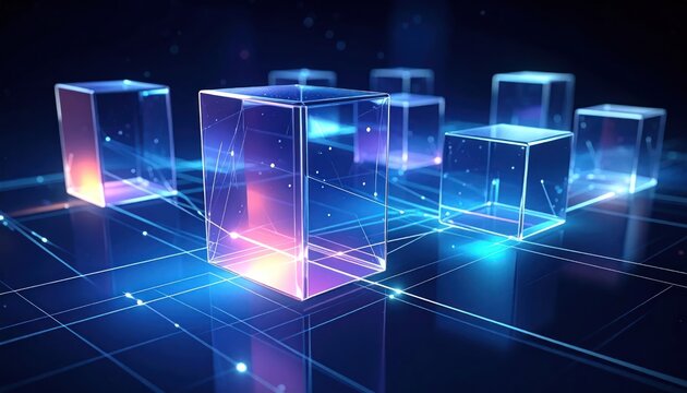 Abstract glowing blue transparent 3D cubes in digital space