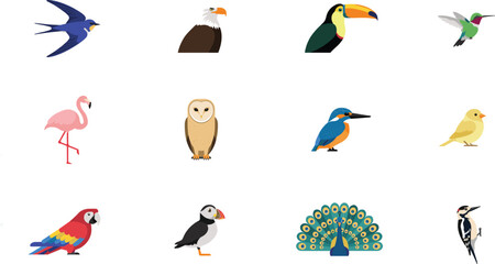 Fototapeta premium Exotic and Wild Birds Icon Set with Flamingo Toucan Eagle Parrot Owl and Peacock Flat Vector Illustration for Nature Education Logo Designs