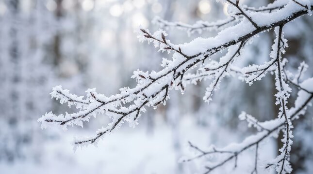 Close up of a frozen tree branch covered in white frost during a cold winter day in nature