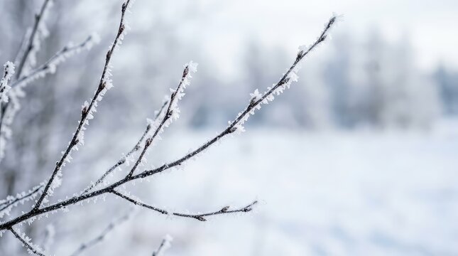 Bare tree branches in a cold winter forest with soft fog and blurred snowy landscape view