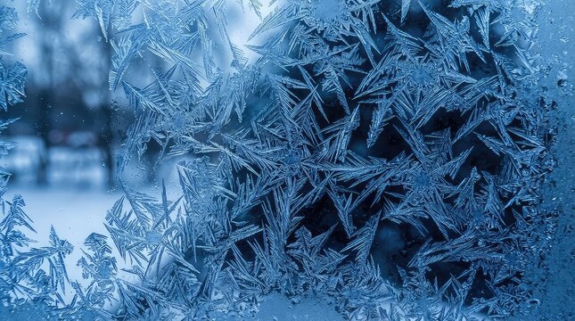 Beautiful ice crystals and frost patterns forming on a cold frozen window pane during winter