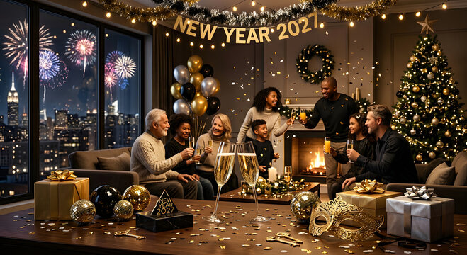 Multiethnic family celebrating new year twenty twenty one together with glowing champagne glasses festive decorations bright fireworks outside large window and beautifully lit christmas tree inside co