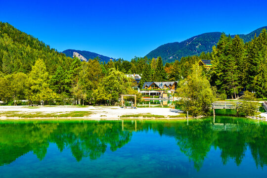 Lake Jasna in Kranjska Gora, Slovenia &ndash; Turquoise Alpine Lake, Forest and Mountain Resort