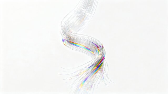 Bundle of thin transparent glass fibers bending gracefully, rainbow refraction, white background