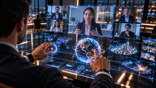 Over-the-shoulder perspective of hands interacting with a high-fidelity telepresence holographic interface panel