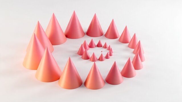 Spiral arrangement of smooth cones of different sizes, warm sunset orange and pink gradient