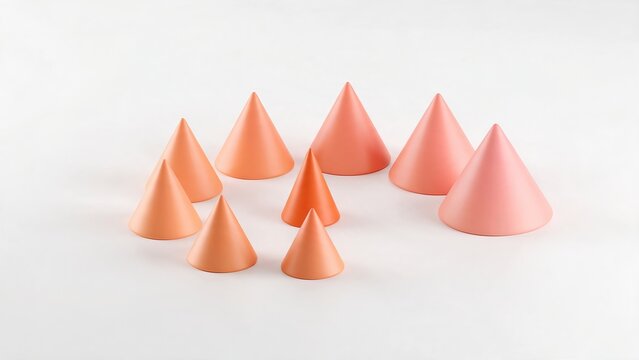 Spiral arrangement of smooth cones of different sizes, warm sunset orange and pink gradient