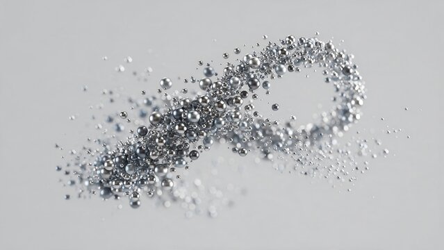 Swarm of tiny metallic spheres forming a dynamic abstract shape, chrome and steel colors