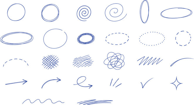 Hand drawn blue pen ovals and circle frames set. Scribble doodle set on notebook paper. Round bubbles to highlight text. Ellipses in crayon texture. Thin rough line. Vector illustration