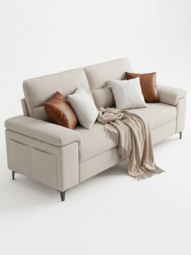 Beige fabric three-seat sofa with chaise lounge, brown leather pillows, light cushions throw blanket