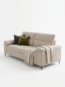 Beige modern three-seat upholstered sofa with decorative cushions and draped throw on white