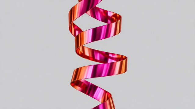Glossy metallic ribbon swirling in a spiral, vibrant magenta and orange gradient reflections