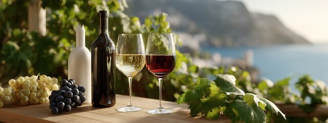 Naklejka premium Elegant pair of identical wine glasses on sunlit wooden table with bottles, grapes, coastal sea, soft horizon and warm bokeh creating refined outdoor dining scene