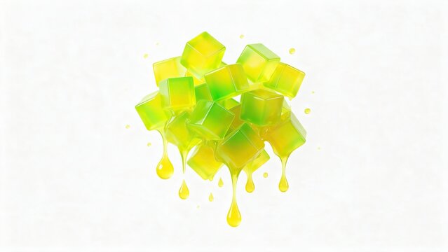 Cluster of floating cubes melting into soft liquid drops, vivid lime green and yellow gradient