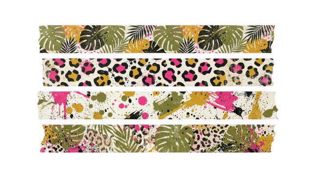 Set of four decorative washi tapes with tropical leaves and leopard print patterns isolated on transparent background