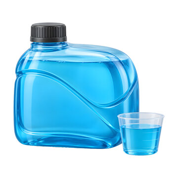 Bright blue liquid container with a matching measuring cup, a simple household cleaning product concept with smooth plastic surfaces and a screw cap