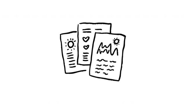 Documents For Information Sharing And Written Communication Hand-Drawn Doodle Animation On Transparent Background. Paperwork, Notes And Reports. Seamless Animated Icon. 4K Video Overlay Element.