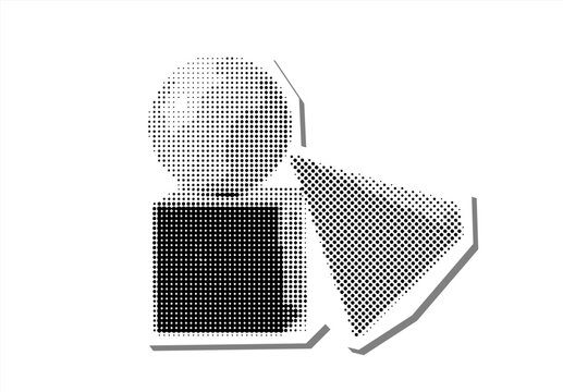 Trendy half tone collage, geometric composition with cube sphere and pyramid, abstract shapes concept, newspaper vintage style, retro pop art dotted design