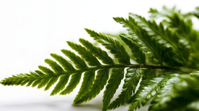 A close up of a vibrant green fern leaf with detailed fronds against a bright white background