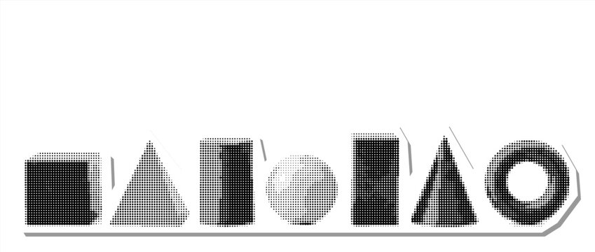 Trendy half tone collage, geometric shapes cube pyramid rectangle sphere cylinder cone and torus, newspaper vintage style, retro pop art dotted design