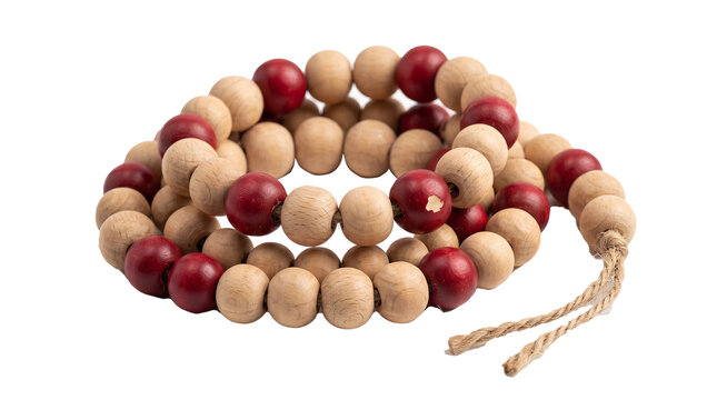 Rustic wooden bead garland, natural wood beads with red accents, boho home decor strand isolated on white background