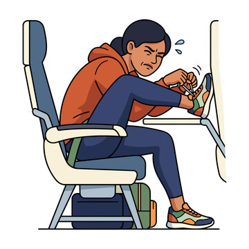 Cartoon vector illustration of a stressed woman struggling to tie her shoelaces while sitting in a cramped airplane seat with limited legroom