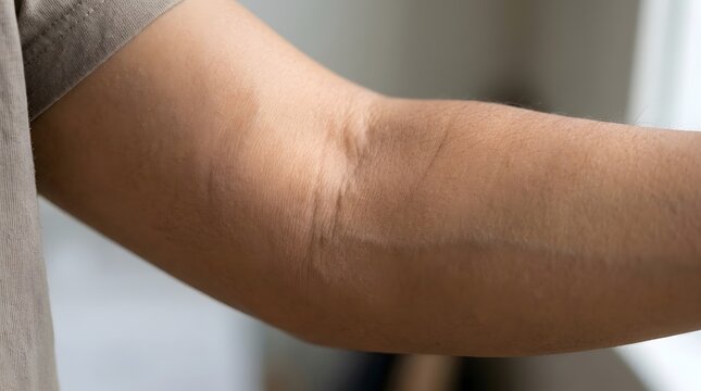 Close Up View of Human Arm and Elbow Skin Texture Indoor Setting