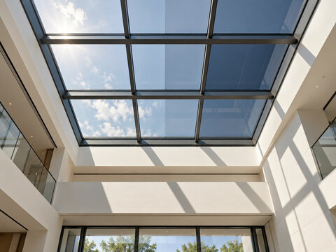 Symmetrical glass skylight atrium with sunlit modern interior architecture