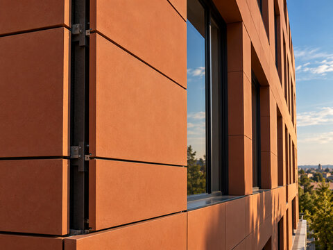 Terracotta rainscreen facade panels on contemporary building exterior