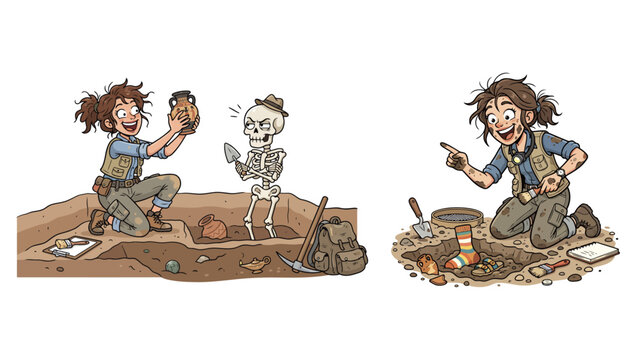 Cartoon vector illustration set of an enthusiastic archaeologist character discovering an ancient pottery vessel with a skeleton and unearthing a funny striped sock in the dirt