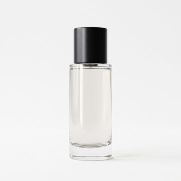 Glass perfume bottle with black cap on white background