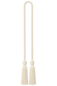 Elegant cream colored curtain tieback with twisted rope and decorative tassels on white background