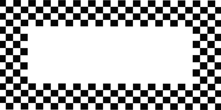 Black and White Checkerboard Border Frame with Empty Center. Geometric Racing Flag Pattern with Repeating Square Tiles. Classic Monochrome Decorative Border for Posters, Invitations and Graphic