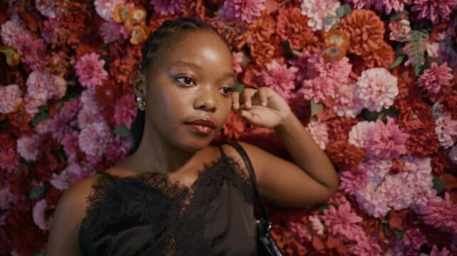 A close-up portrait of a young woman who seems bashful and hesitant in front of the camera. Decorative blossoms add color and softness to the composition.