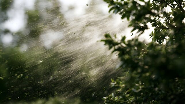 A dynamic windstorm sweeps through a lush garden  scattering leaves and creating a soft  blurred motion effect against green foliage