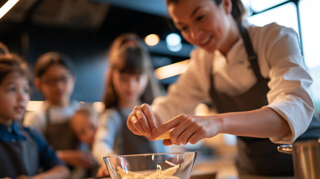 Faceless professional female chef teaching a diverse group of kids how to cook in a modern kitchen, culinary education, teamwork, multicultural learning and healthy cooking skills