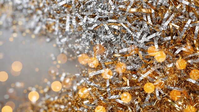 Silver and gold christmas tinsel texture background with bokeh lights